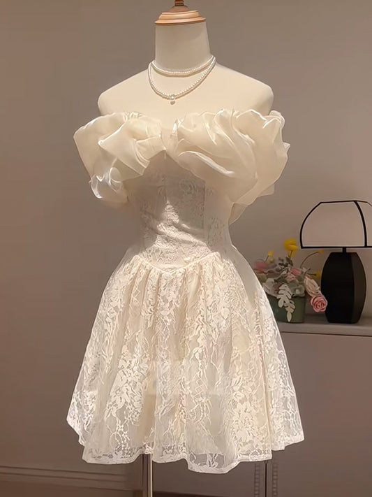 Pretty A line Off The Shoulder Lace White Short Formal 8th Grade Homecoming Dresses Summer Middle School Hoco Dress Homecoming Outfits DH428