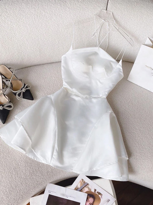 Pretty A line Spaghetti Straps Short White Formal 8th Grade Homecoming Dresses Summer Middle School Hoco Dress Homecoming Outfits DH429