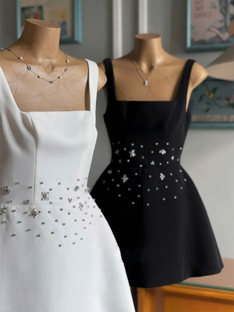 Trendy A Line Square Neck Satin White Mini Short Formal 8th Grade Homecoming Dresses Summer Middle School Hoco Dress Homecoming Outfits DH431