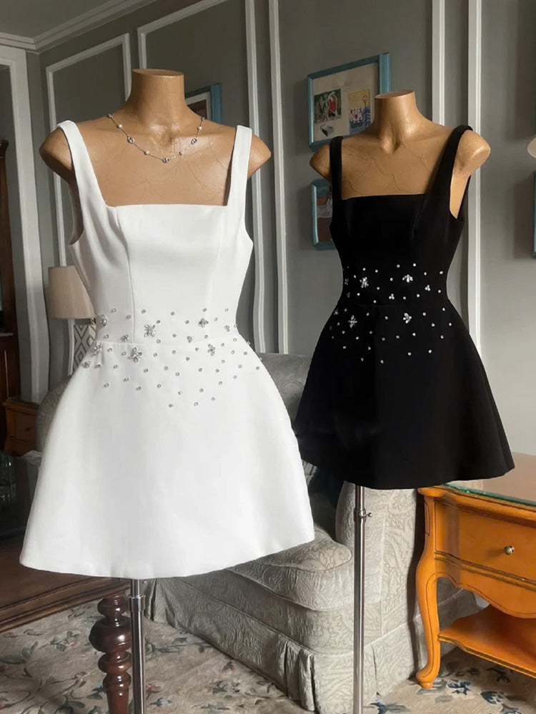 Trendy A Line Square Neck Satin White Mini Short Formal 8th Grade Homecoming Dresses Summer Middle School Hoco Dress Homecoming Outfits DH431