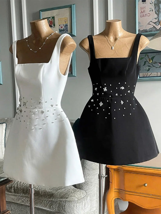 Trendy A Line Square Neck Satin White Mini Short Formal 8th Grade Homecoming Dresses Summer Middle School Hoco Dress Homecoming Outfits DH431