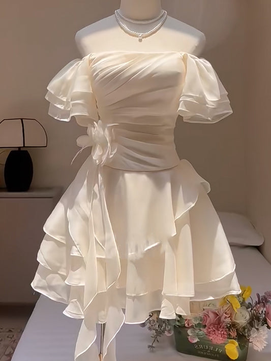 Pretty A line Off The Shoulder Chiffon White Short Formal 8th Grade Homecoming Dresses Summer Middle School Hoco Dress Homecoming Outfits DH433