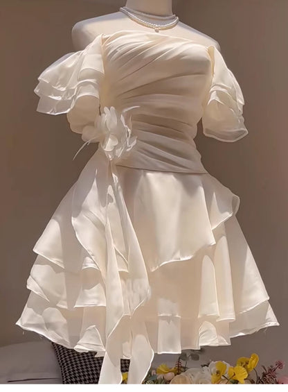 Pretty A line Off The Shoulder Chiffon White Short Formal 8th Grade Homecoming Dresses Summer Middle School Hoco Dress Homecoming Outfits DH433