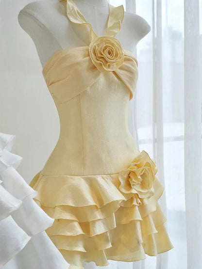 Trendy A Line Halter Yellow Chiffon Mini Short Formal 8th Grade Homecoming Dresses Summer Middle School Hoco Dress Homecoming Outfits DH438