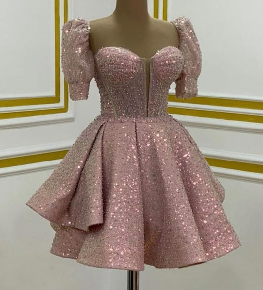 Fancy Short Hoco Dresses A line Sweetheart Pink Sequin Mini Formal 8th Grade Homecoming Dresses Summer Middle School Homecoming Outfits DH46