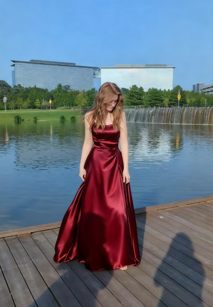 Elegant A Line Spaghetti Straps Navy Blue Satin Long Prom Dresses Party Dress Summer 20th Birthday Outfits 18th Birthday Dresses DH487