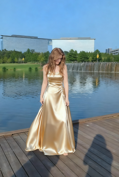 Elegant A Line Spaghetti Straps Navy Blue Satin Long Prom Dresses Party Dress Summer 20th Birthday Outfits 18th Birthday Dresses DH487