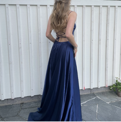 Elegant A Line Spaghetti Straps Navy Blue Satin Long Prom Dresses Party Dress Summer 20th Birthday Outfits 18th Birthday Dresses DH487