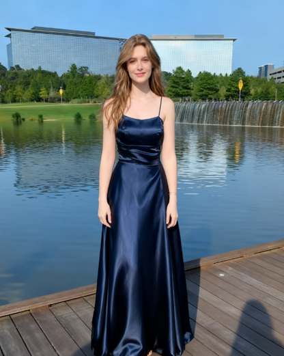 Elegant A Line Spaghetti Straps Navy Blue Satin Long Prom Dresses Party Dress Summer 20th Birthday Outfits 18th Birthday Dresses DH487