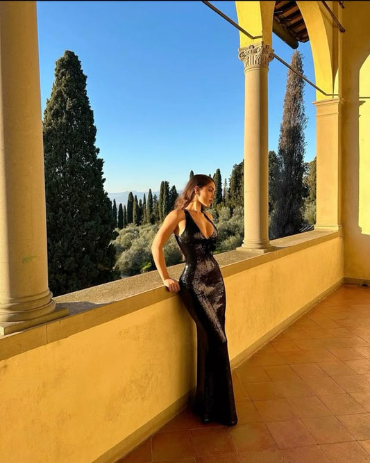 Elegant Mermaid V Neck Black Sequin Long Prom Dresses Party Dress Summer 20th Birthday Outfits 18th Birthday Dresses DH492