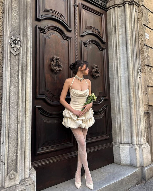 Fancy Short Hoco Dresses A line Halter Satin Mini Formal 8th Grade Homecoming Dresses Summer Middle School Homecoming Outfits DH51