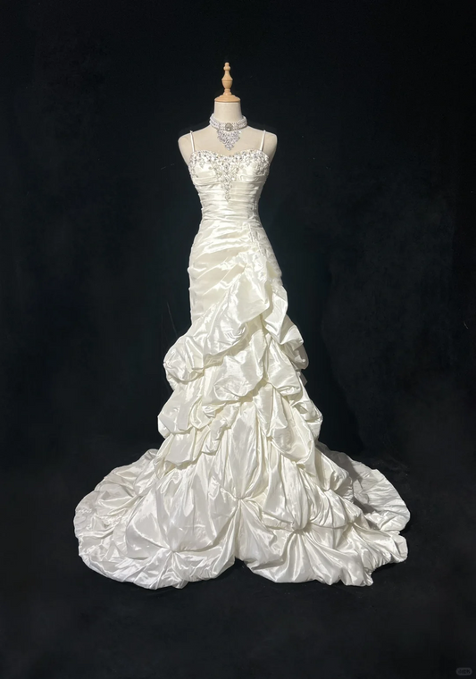 Vintage Wedding Dress 1950s 1940s Mermaid Spaghetti Straps Layers Ruffles White Satin Long Wedding Dresses Bridal Gowns Brides Gown DH523