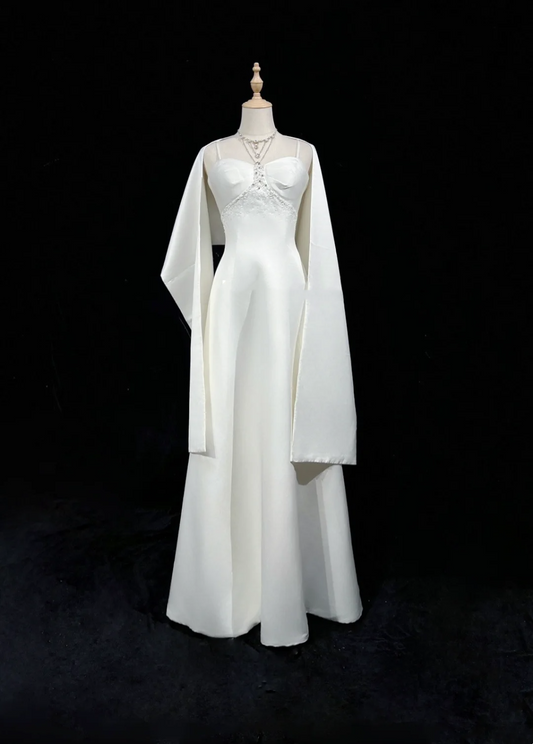 Vintage Wedding Dress A line Spaghetti Straps White Satin Sleeveless Long Vintage Wedding Dresses Bridal Gowns Brides Gown With Cape DH524