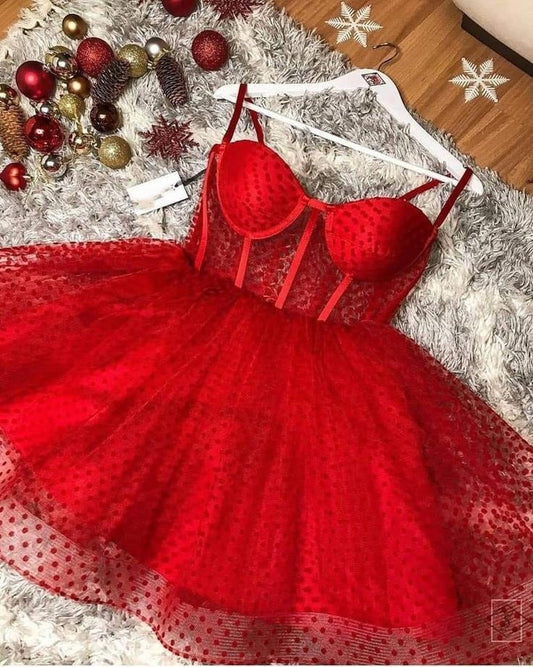 Fancy Short Hoco Dresses Ball Gown Spaghetti Straps Red Mini Formal 8th Grade Homecoming Dresses Summer Middle School Homecoming Outfits DH59