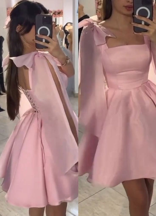 Cute Ball Gown Straps Pink Satin Formal 8th Grade Homecoming Dresses Summer Middle School Hoco Dress Homecoming Outfits DH593