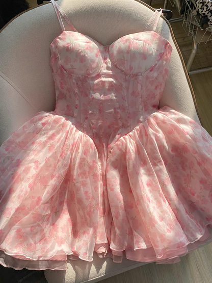 Cute Ball Gown Spaghetti Straps Floral Pink Short Homecoming Dress Summer Middle School Formal 8th Grade Hoco Dresses Summer Homecoming Outfits DH589