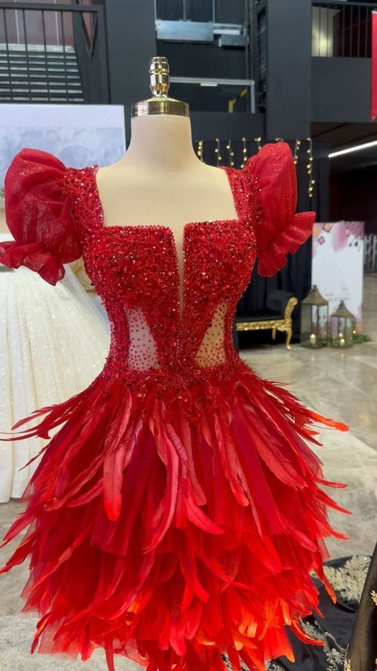 Cute A line Square Neck Short Sleeves Formal 8th Grade Homecoming Dresses Red Summer Middle School Hoco Dress Homecoming Outfits DH61