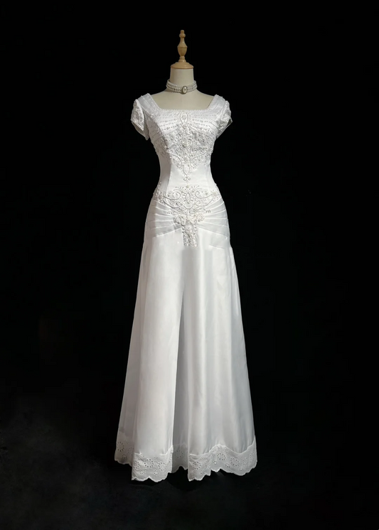 Classic Bridal Gown A line Square Neck Short Sleeves Satin White Wedding Dresses Minimalist Bridal Gowns DH648