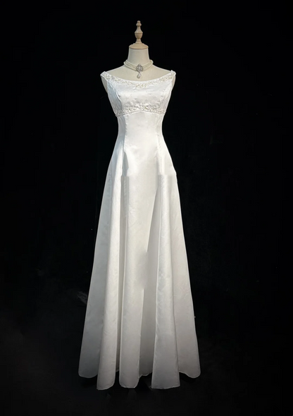 Robe de mariée classique trapèze, col bijou, longue robe de mariée blanche en satin, élégante robe de mariée DH649