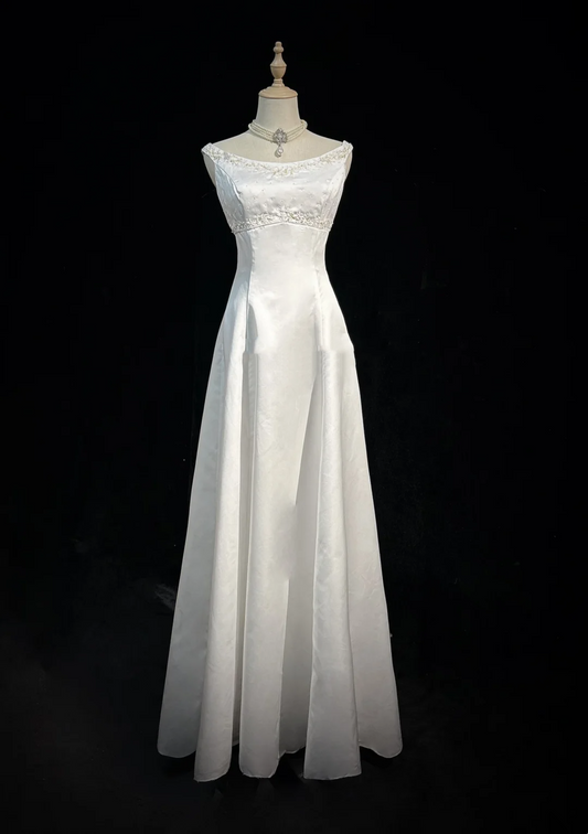 Robe de mariée classique trapèze, col bijou, longue robe de mariée blanche en satin, élégante robe de mariée DH649