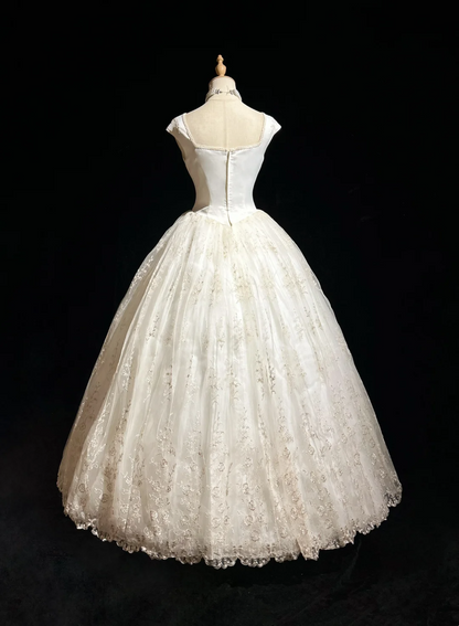 Robe de mariée classique, robe de bal, col carré, manches courtes, tulle, blanche, robes de mariée vintage DH651
