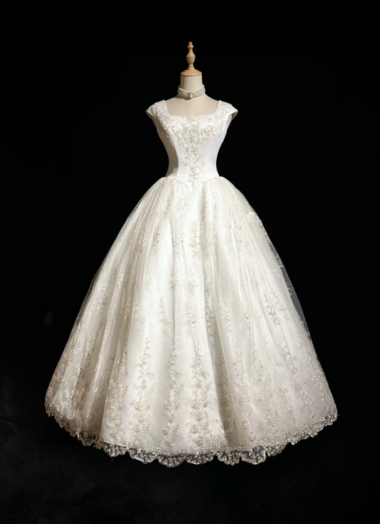 Robe de mariée classique, robe de bal, col carré, manches courtes, tulle, blanche, robes de mariée vintage DH651