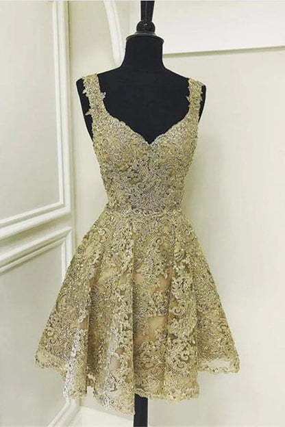Hübsches Ballkleid mit herzförmigem Ausschnitt und goldener Spitze, kurzes formelles Homecoming-Kleid für die 8. Klasse, Sommer, Mittelschule, Hoco-Kleid, Homecoming-Outfits DH653