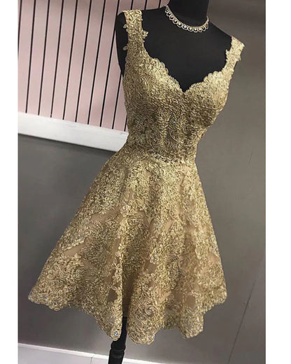 Hübsches Ballkleid mit herzförmigem Ausschnitt und goldener Spitze, kurzes formelles Homecoming-Kleid für die 8. Klasse, Sommer, Mittelschule, Hoco-Kleid, Homecoming-Outfits DH653