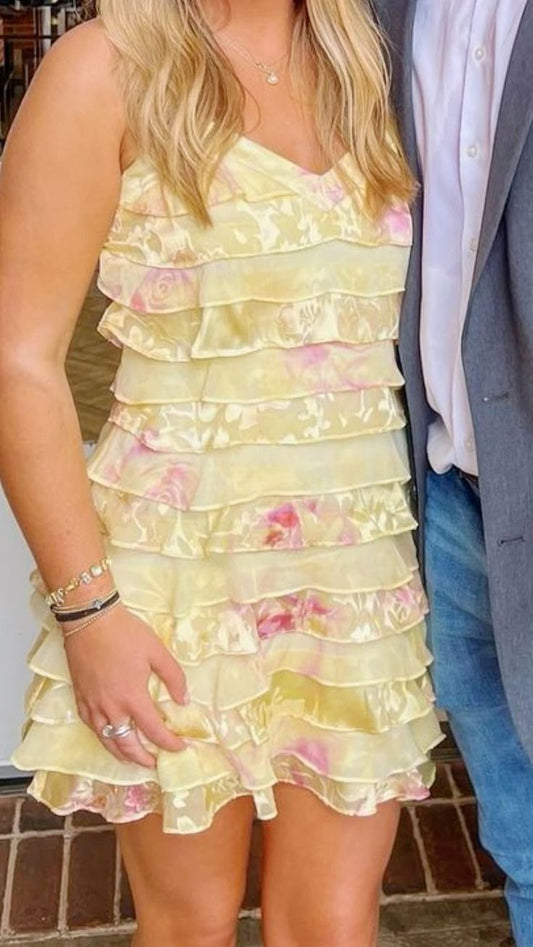 Modest A line Spaghetti Straps Yellow Floral Chiffon Mini Short Formal 8th Grade Homecoming Dresses Middle School Semi Formal Hoco Dress Cocktail Outfits DH1663