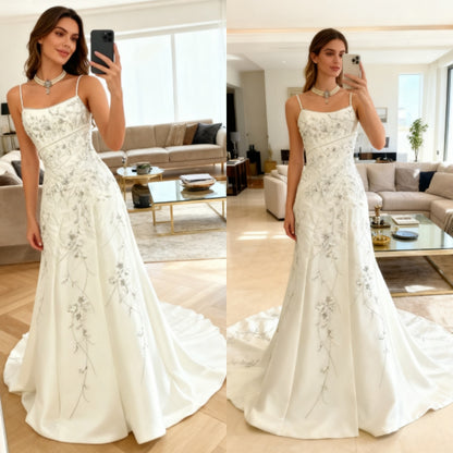 Vintage A line Spaghetti Straps White Satin Long 1940s 1950s Wedding Dresses Elegant Bridal Gowns DH664