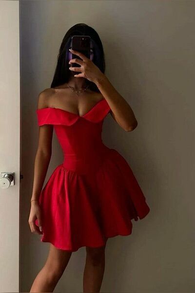 Cute Ball Gown Off The Shoulder Red Short Mini Formal 8th Grade Homecoming Dresses Middle School Cocktail Dress Hoco Outfits DH1664