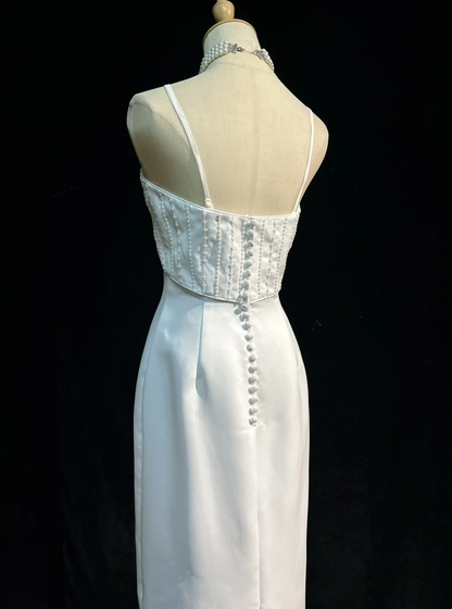Vintage Bridal Gown 1960s Sheath Spaghetti Straps Satin White Long Summer Autumn Wedding Dresses Elegant Bridal Gowns DH671