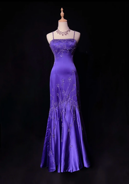 Elegant Mermaid Spaghetti Straps Grape Satin Backless Prom Dresses Party Dress Summer 20th Birthday Outfits 18th Birthday Dresses DH675