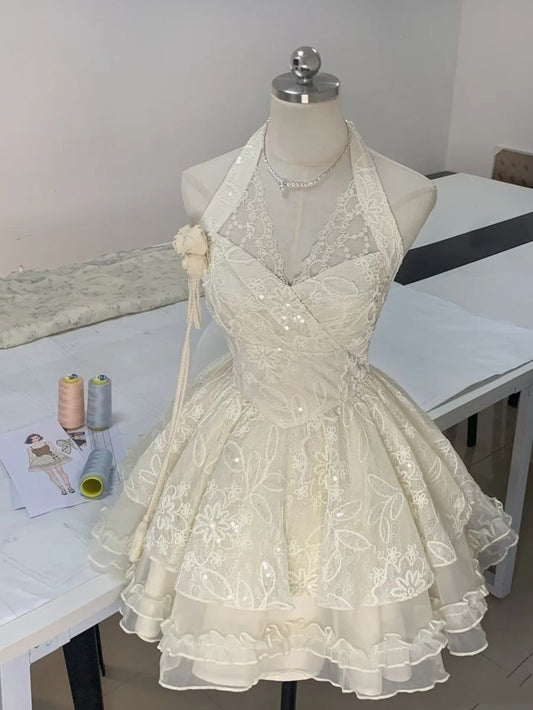 Pretty Ball Gown Halter Ivory Lace Short Mini Formal 8th Grade Homecoming Dresses Summer Middle School Hoco Dress Homecoming Outfits DH682