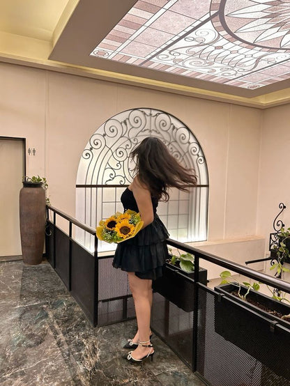 Sexy Ball Gown Strapless Black Satin Mini Short Formal 8th Grade Homecoming Dresses Summer Middle School Hoco Dress Homecoming Outfits Birthday Outfit DH689