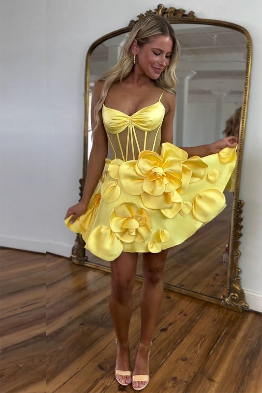 Fancy Short Hoco Dresses Ball Gown Spaghetti Straps Yellow Formal 8th Grade Homecoming Dresses Summer Middle School Homecoming Outfits DH69