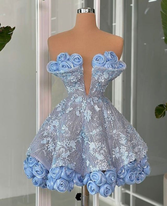 Fancy Short Hoco Dresses A line Strapless Sequin Mini Blue Formal 8th Grade Homecoming Dresses Summer Middle School Homecoming Outfits DH70