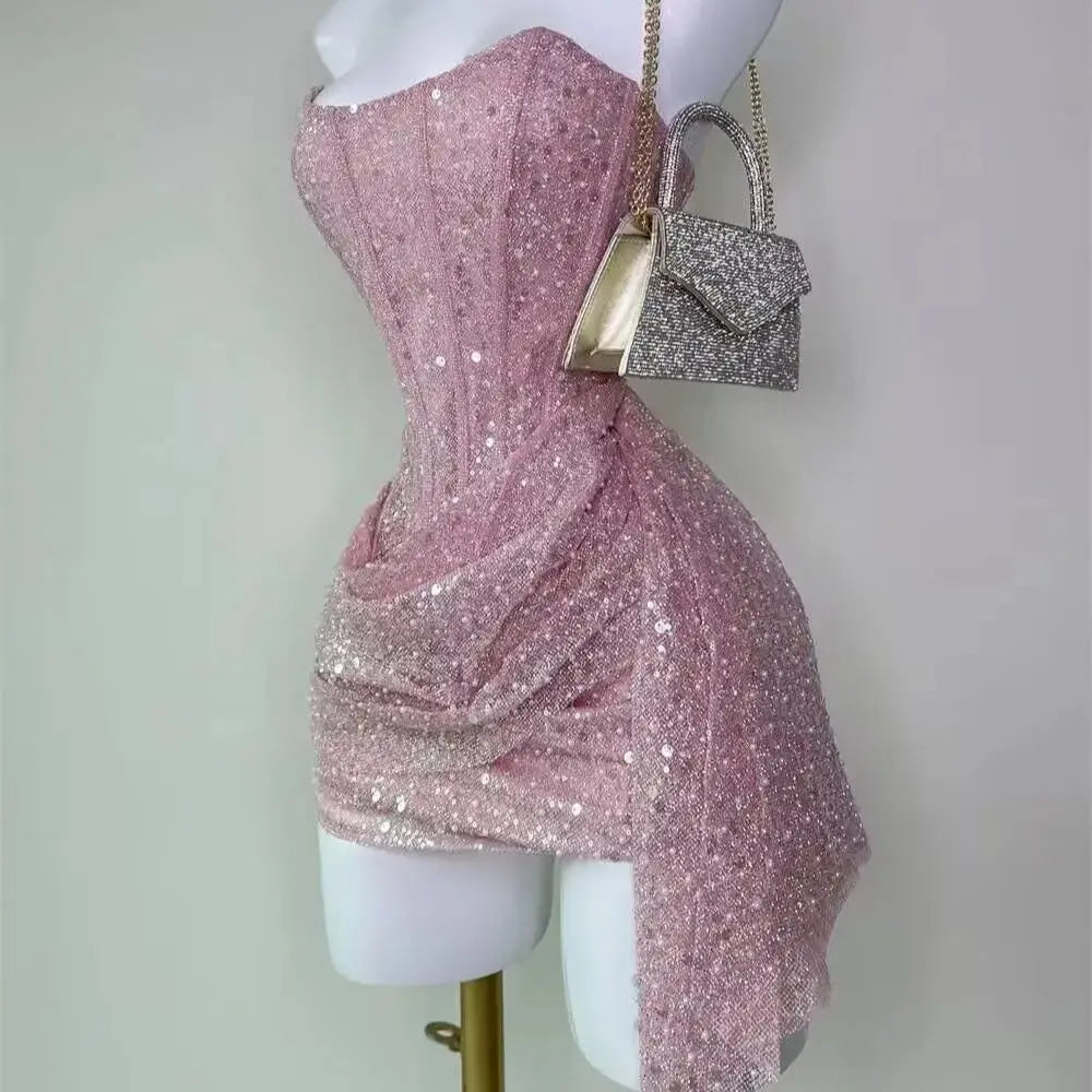 Cute Sheath Strapless Pink Sequin Mini Short Formal 8th Grade Homecoming Dresses Summer Middle School Hoco Dress Homecoming Outfits DH716