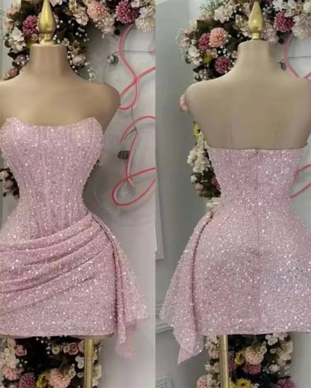 Cute Sheath Strapless Pink Sequin Mini Short Formal 8th Grade Homecoming Dresses Summer Middle School Hoco Dress Homecoming Outfits DH716