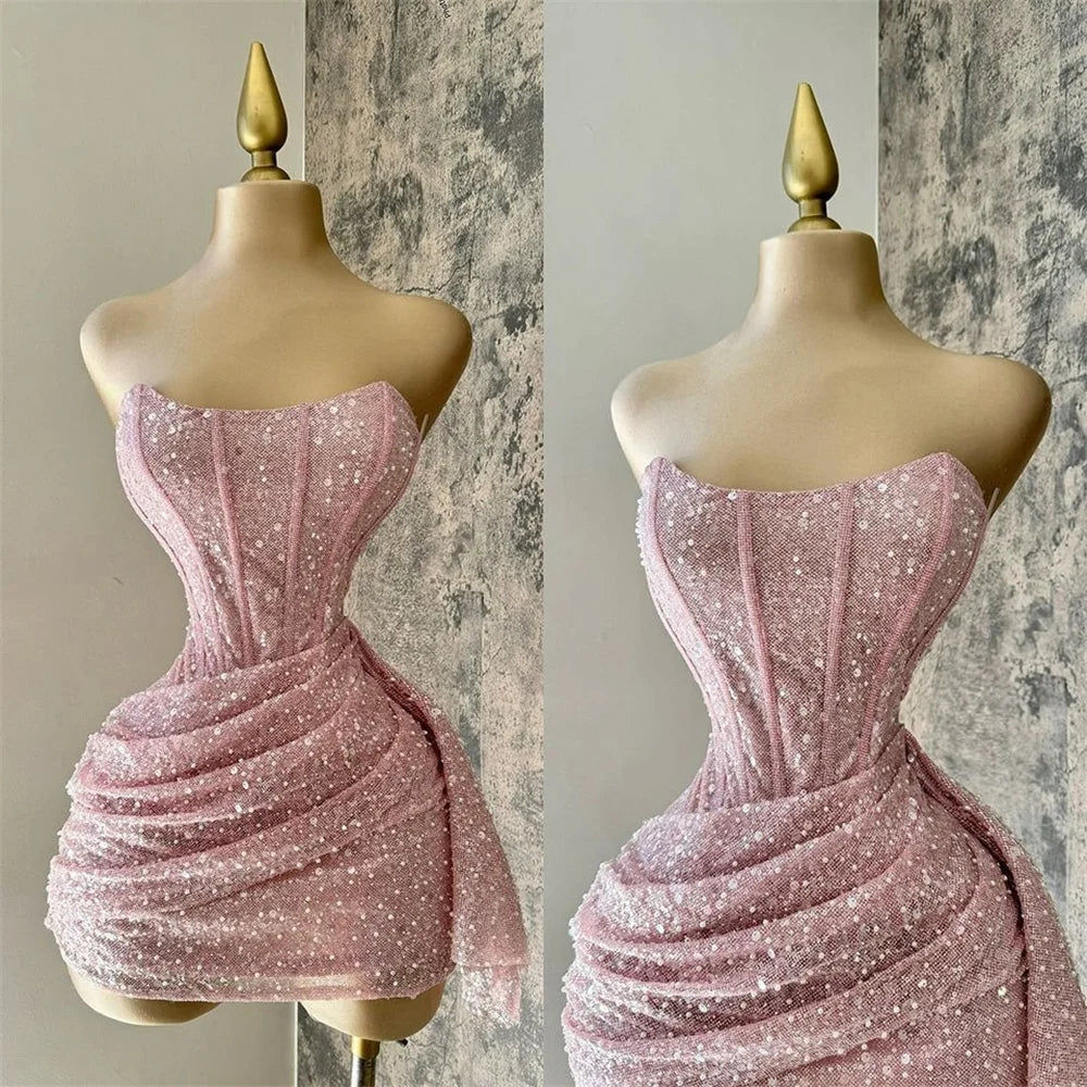 Cute Sheath Strapless Pink Sequin Mini Short Formal 8th Grade Homecoming Dresses Summer Middle School Hoco Dress Homecoming Outfits DH716
