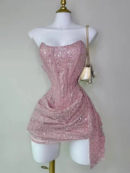 Cute Sheath Strapless Pink Sequin Mini Short Formal 8th Grade Homecoming Dresses Summer Middle School Hoco Dress Homecoming Outfits DH716