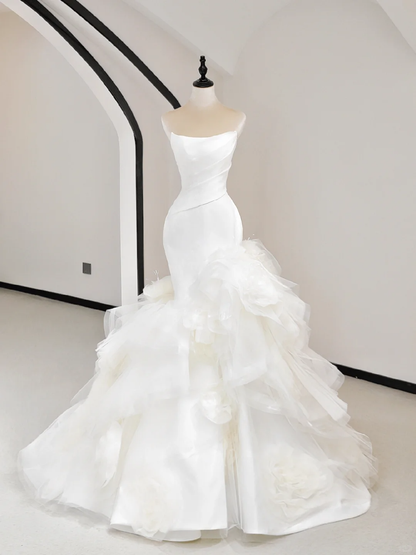 Unique Bridal Gown Mermaid Strapless White Satin Long Wedding Dresses Elegant Brides Gowns DH734