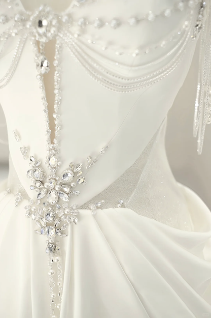 Unique Bridal Gown A Line Sweetheart White Satin Long Wedding Dresses With Silver Beads Elegant Brides Gowns DH738