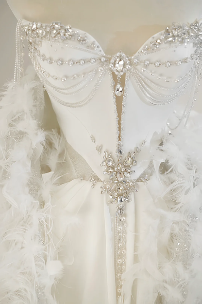 Unique Bridal Gown A Line Sweetheart White Satin Long Wedding Dresses With Silver Beads Elegant Brides Gowns DH738