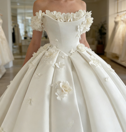 Dreamy Wedding Dress Ball Gown Off The Shoulder Satin White Wedding Dresses Bridal Gowns DH737