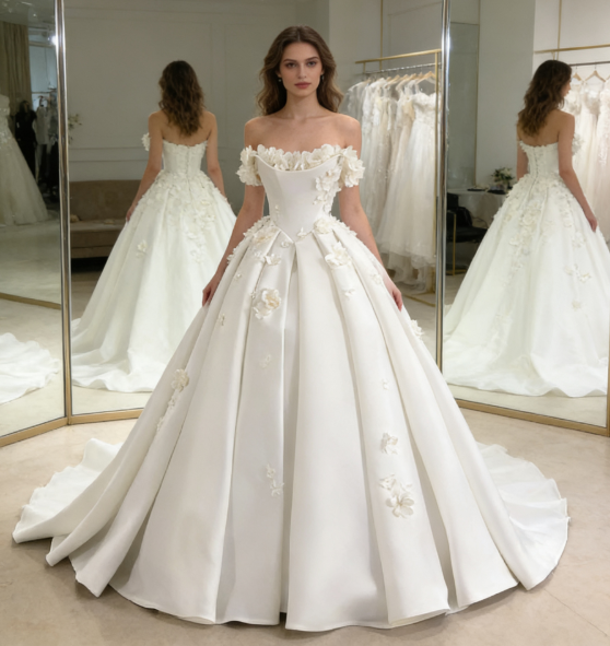 Dreamy Wedding Dress Ball Gown Off The Shoulder Satin White Wedding Dresses Bridal Gowns DH737