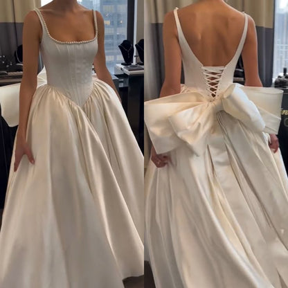 Robe de mariée classique, robe de bal, col carré, sans manches, en satin blanc, robes de mariée minimalistes DH740