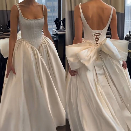 Robe de mariée classique, robe de bal, col carré, sans manches, en satin blanc, robes de mariée minimalistes DH738