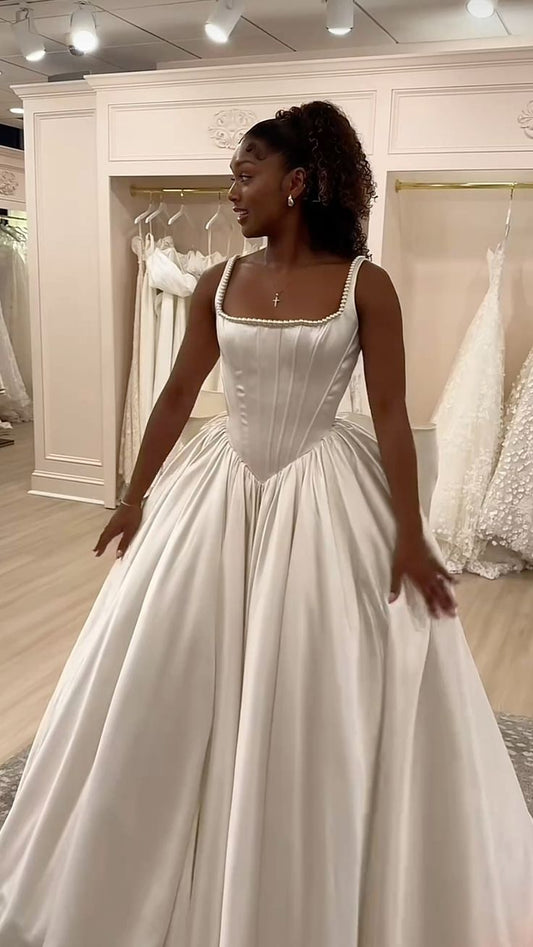 Robe de mariée classique, robe de bal, col carré, sans manches, en satin blanc, robes de mariée minimalistes DH739