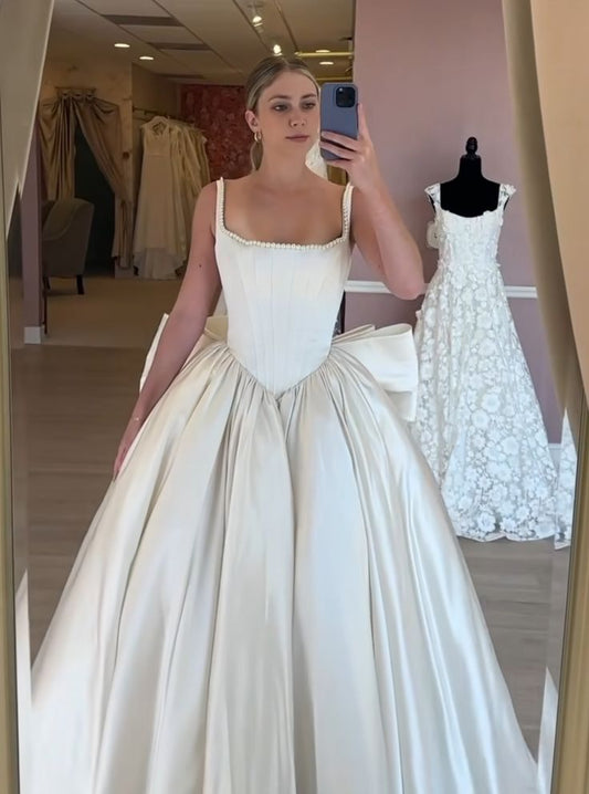 Robe de mariée classique, robe de bal, col carré, sans manches, en satin blanc, robes de mariée minimalistes DH740